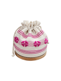 Niddynoddy white linen and cotton bread bag with pink embroidered floral motif and drawstring closure.