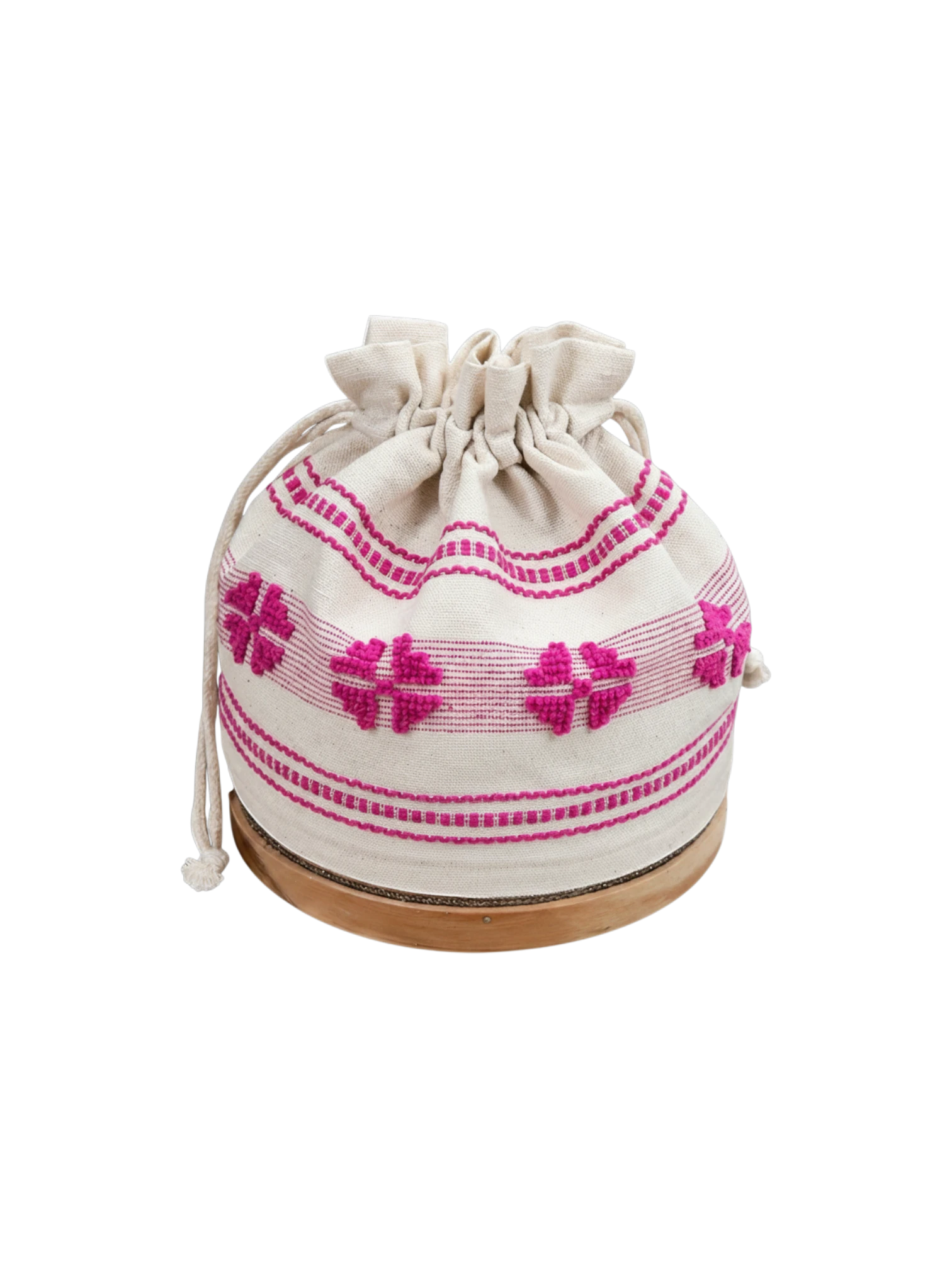 Niddynoddy white linen and cotton bread bag with pink embroidered floral motif and drawstring closure.