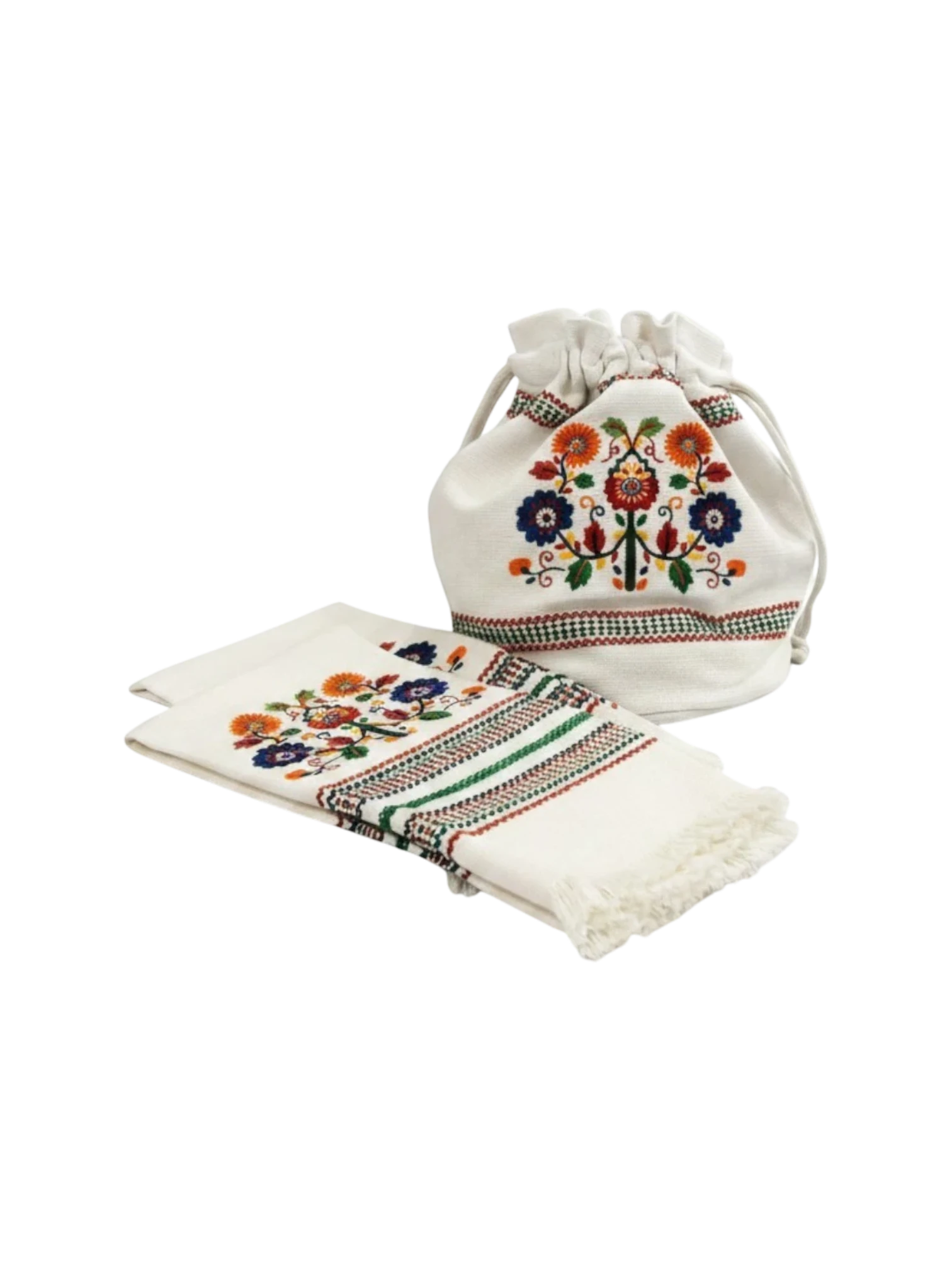 Niddynoddy white linen bread basket and two kitchen towels set with colorful floral embroidery and fringed edges.