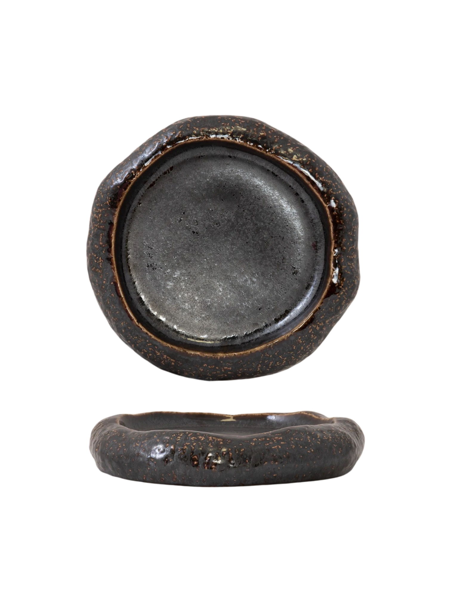 niddynoddy Seixo Metálico handcrafted stoneware plate, dark metallic finish, irregular shape, Ø 26 cm
