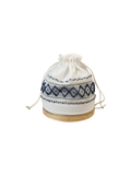Niddynoddy white linen and cotton bread bag with blue embroidered geometric pattern and drawstring closure. Handcrafted in Portugal.